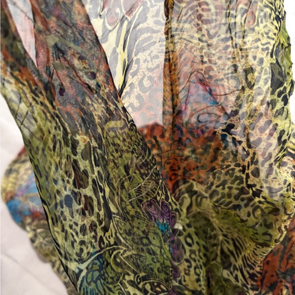 Sheer, flowing, crinkled scarf. Jewel tones/leopard print.  Gold accents. - Picture 1 of 6